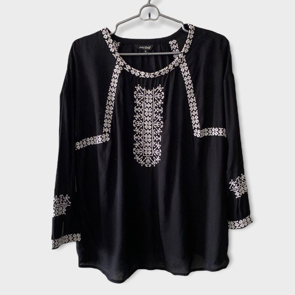 LUCKY BRAND Women’s Black Peasant White Detail Shirt Top Size M